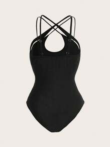 SHEIN ICON 修身2合1交叉帶網紗拼接連體褲 - 黑色 - 查看 8