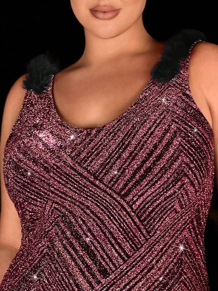 Women'S Plus Size Long Sleeve Printed Round Neck Plush Decorated Hem Patchwork Dress