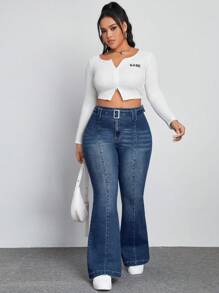 SHEIN EZwear Của phụ nữ Kích thước lớn Denim Quần loe - Màu xanh bụi bặm - Xem 4
