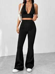 SHEIN Unity Của phụ nữ Quần skinny Áo hai dây Và Quần loe Bộ - màu đen - Xem 3