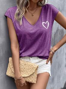 EMERY ROSE Summer Outfits Heart Print Batwing Sleeve Tee - Purple - View 5