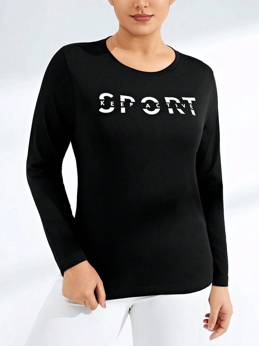 Easithlete Women's Plus Size Round Neck Long Sleeve Sports T-Shirt With Letter Print