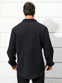 Manfinity Homme 男士加大碼長袖衬衫,有圓點印花和拼接設計 - 黑色 - 查看 2