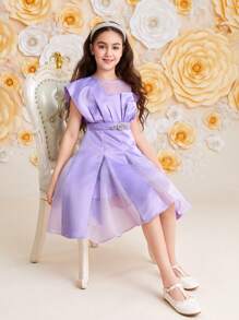 SHEIN Vestido sin mangas estilo vintage con cuello redondo y decoración de pedrería para niñas preadolescentes - Morado - Ver 5