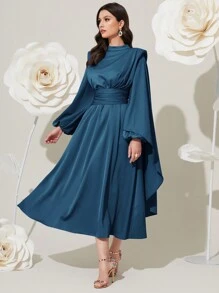 Modelyn 女士长款灯笼袖垫肩腰褶皱阿拉伯朴素连衣裙长款晚礼服 - 水鴨藍 - 查看 1