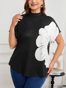 SHEIN Privé 加大码优雅定位花卉印花新中式立领短袖弧形下摆弹力T恤 - 黑色 - 查看 6
