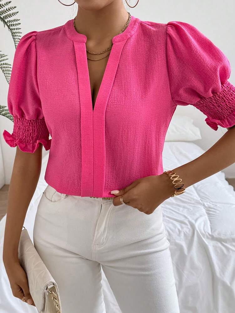 Women's Notched V Neck Shirred Roll Up Sleeve Blouse