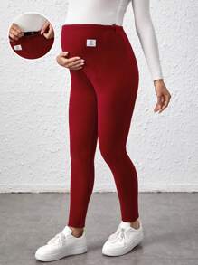 SHEIN Solid-Colored Maternity Leggings With Patch Detail And Adjustable Waist - Burgundy - View 1