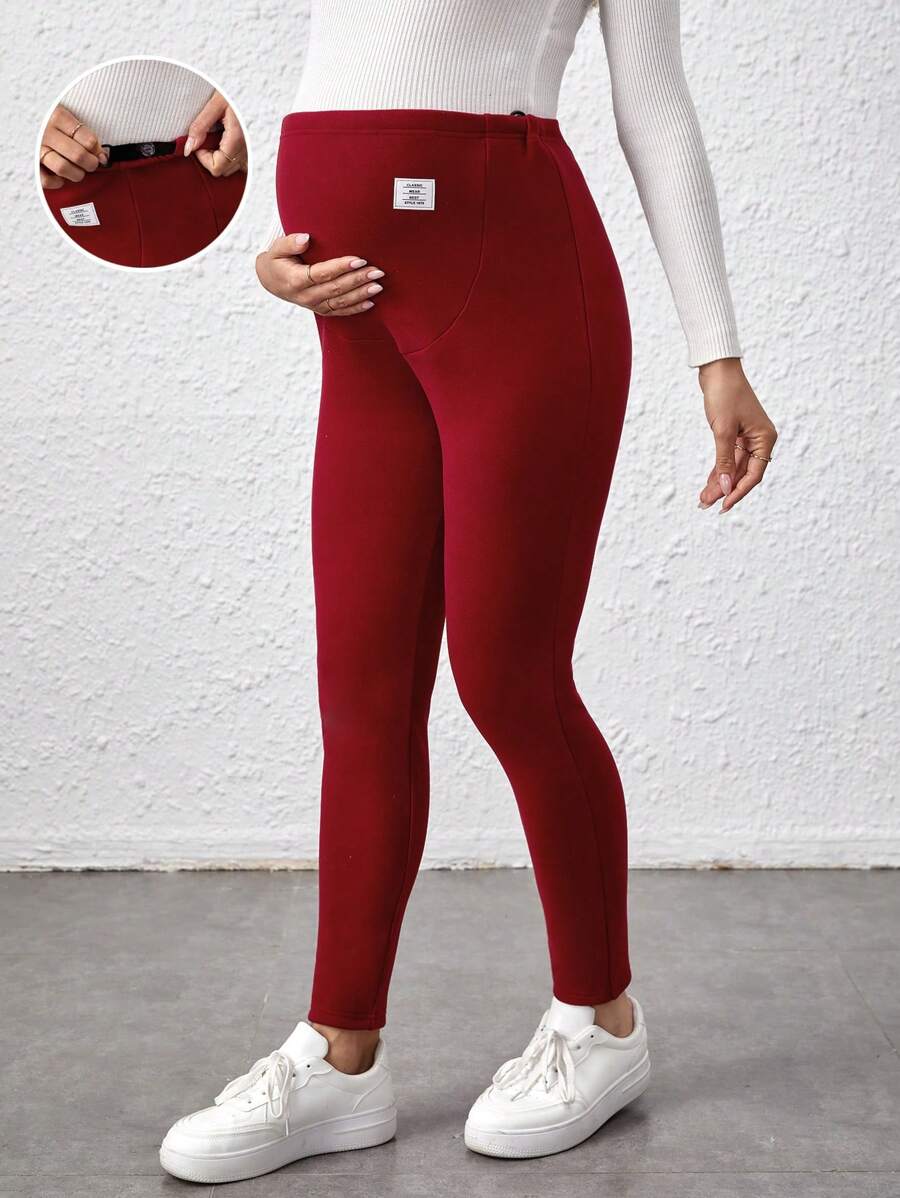 SHEIN Solid-Colored Maternity Leggings With Patch Detail And Adjustable Waist - Burgundy - View 1