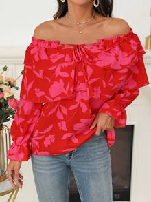 SHEIN LUNE Women'S Off-Shoulder Printed Asymmetrical Hem Blouse - Red - View 3