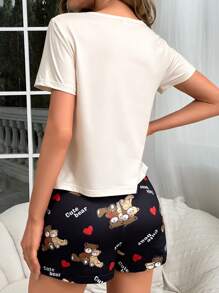 Cute Women's Knitted Bear Print Round Neck Regular Sleeve Pajama Set With Mini Shorts