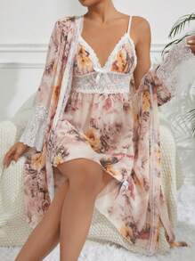 Của phụ nữ Trưởng thành In hoa Lưới Áo ngủ dài Bộ - Nhiều màu - Xem 6