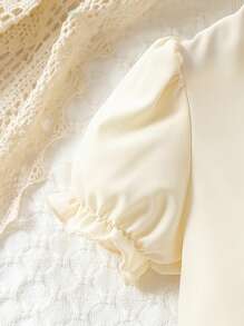 SHEIN Young Girl's Elegant Short Sleeve Blouse With Ruffle Hem And Pants Set - Black and White - View 4