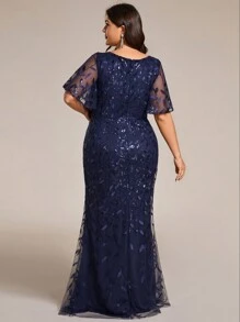 EVERPRETTY Plus Size Women V-Neck Sequin Embroidery Mesh Mermaid Maxi Dress, Formal Evening Party Gown For Valentine's Day Date, Winter Spring Wedding Guest Cocktail Dress, Navy Blue - Navy Blue - View 2