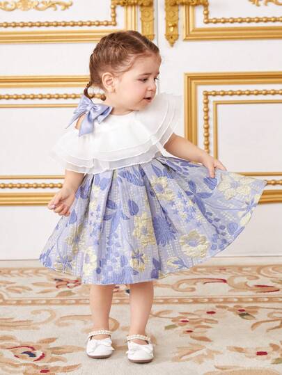 嬰兒女孩花紋網片拼接裙子,褶邊設計