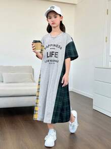 SHEIN Tween Girls' Knitted Color Block Plaid Patchwork Letter Print Loose Fit Casual Dress With Round Neckline