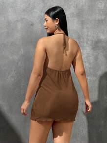 SHEIN EZwear Plus Size Halterneck Backless Dress - Brown - View 2