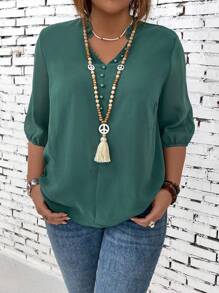 SHEIN LUNE Plus Size Women'S Half Sleeve Shirt With Notched Collar - Green - View 4