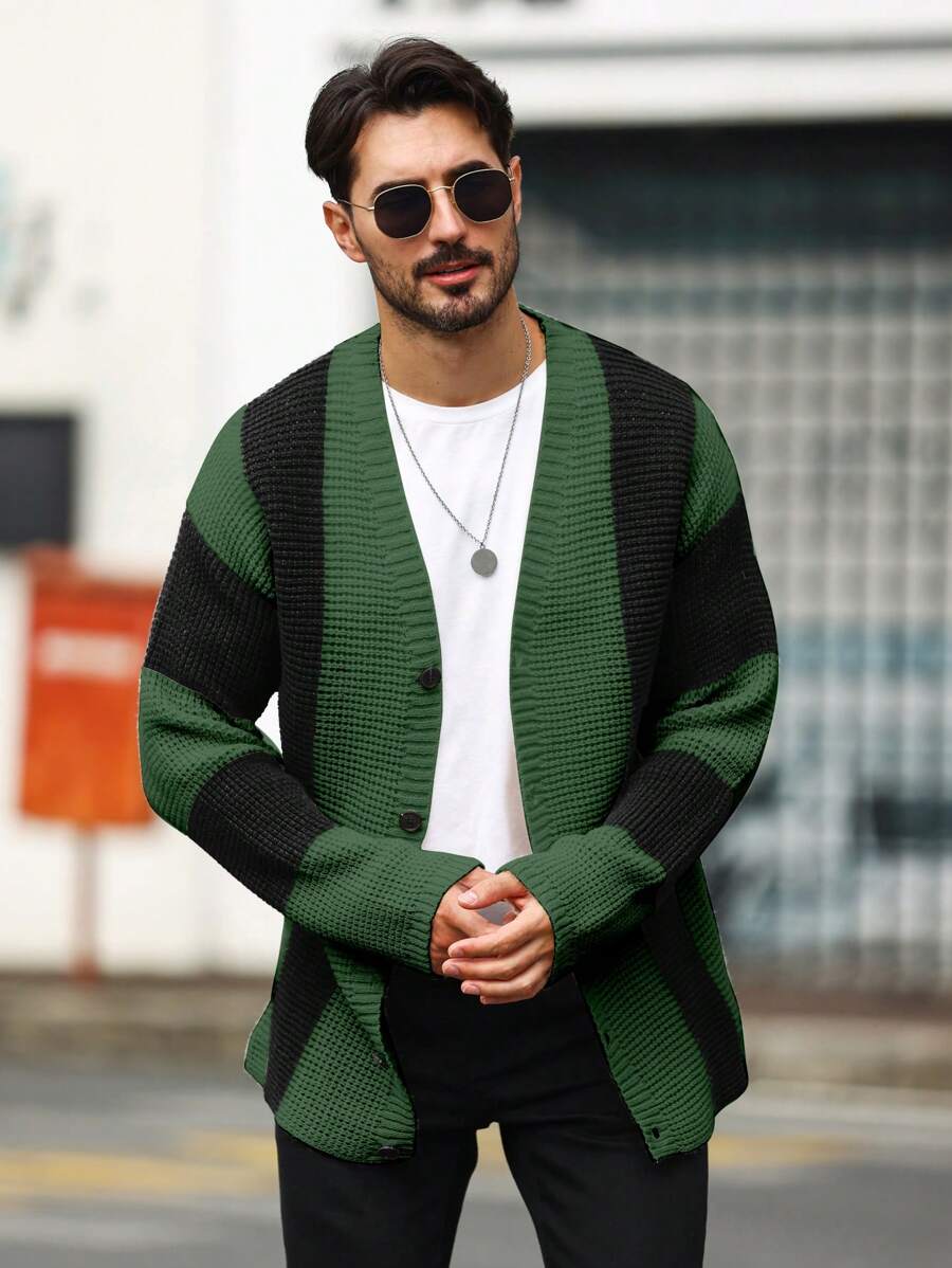 男士色塊釦扣開衫衫 - 彩色 - 查看 1