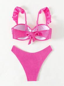 Women's Pink Ruffle Trim Bikini Set, Beach Outfit Bathing Suit Summer - Hot Pink - View 2