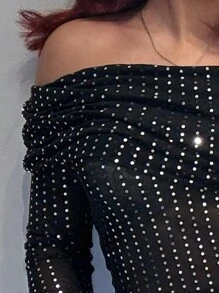 Slaydiva Off Shoulder Silver Foil Print Top