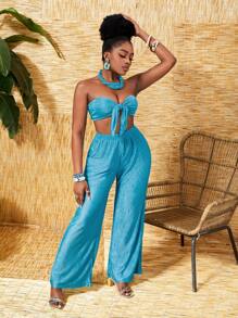 Slaydiva Damen-set Aus Modischem, Einfarbigem, Strukturiertem Material, Trägerlosem Oberteil Und Hose - Blau - Übersicht 3