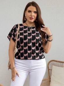 SHEIN LUNE Plus Size Women Tie-Dye Print Round Neck Batwing Sleeve Loose Blouse Shirt For Summer - Multicolor - View 5