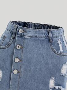 Teen Girls' Ripped Denim Skort, Casual Loose Fit And Comfortable, Hip Hop Street Style - Medium Wash - View 4