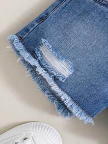 SHEIN 新款藍色拼接破洞休閒牛仔短褲，適用於小女孩 - 淺色水洗藍 - 查看 4