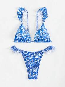 Women's Bikini Set With Random Printed Pattern, Flouncing And Edge-Locking Design For Sexy Beach Wear In Summer Carnival - Blue and White - View 3