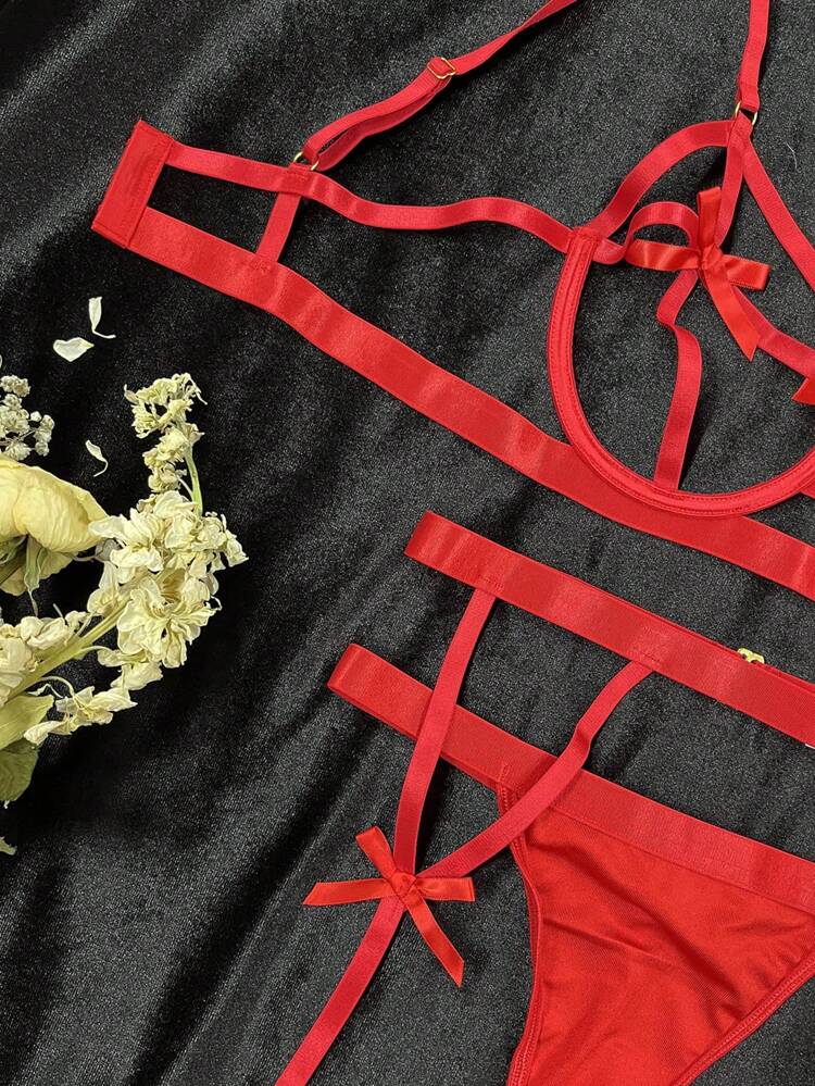 Women's Sexy Lingerie Set (Underwire Bra, Thong Panties, Waist Cincher, 2 Leg Garters) 5pcs