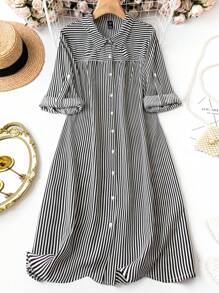 SHEIN LUNE 大尺寸條紋捲袖連身裙 - 黑與白 - 查看 1