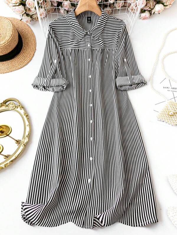 SHEIN LUNE Plus Size Striped Roll-Up Sleeve Dress Fall Cloth For Women