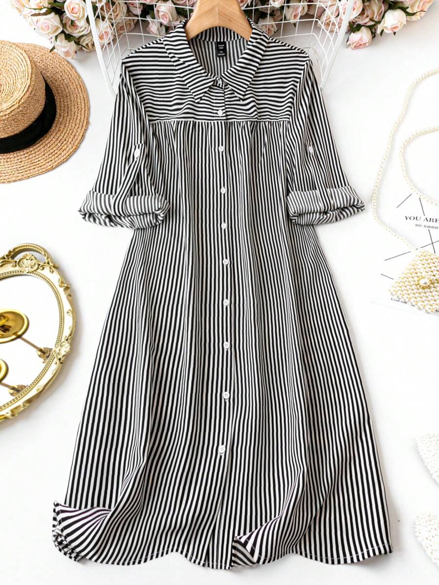 SHEIN LUNE Kích thước lớn Sọc Tay áo cuộn lên Đầm - Đen và trắng - Xem 1
