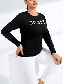 Easithlete Women's Plus Size Round Neck Long Sleeve Sports T-Shirt With Letter Print