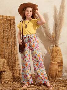 SHEIN Leap Crew Conjunto Casual De Dos Piezas Para Niñas Preadolescentes, Camiseta De Manga Corta Con Cuello Redondo Y Pantalones Anchos De Flores - Amarillo - Ver 5