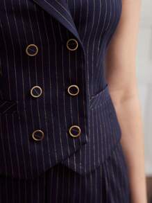 MOTF PREMIUM WOMEN'S WOVEN STRIPE DOUBLE-BREASTED VEST JACKET - Blue - View 3