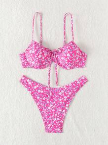 SHEIN Swim Summer Beach Floral Print Front Knot Bikini Set - Multicolor - View 4