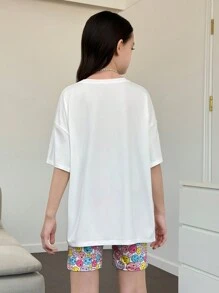 SHEIN Tween Girls' Knitted Solid Color Round Neck Loose Fit Casual T-Shirt And Shorts Co-Ord Set - White - View 2