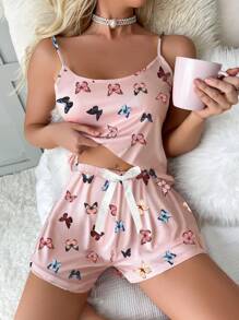 Ensemble pyjama / Ensemble de haut de cami à imprimé papillon et short avec nœud devant