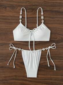 SHEIN Swim 女士纯色吊带比基尼套装 嘉年华夏季 - 白色 - 查看 3
