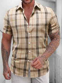 Manfinity Homme 男士格子短袖襯衫 - 卡其色 - 查看 1