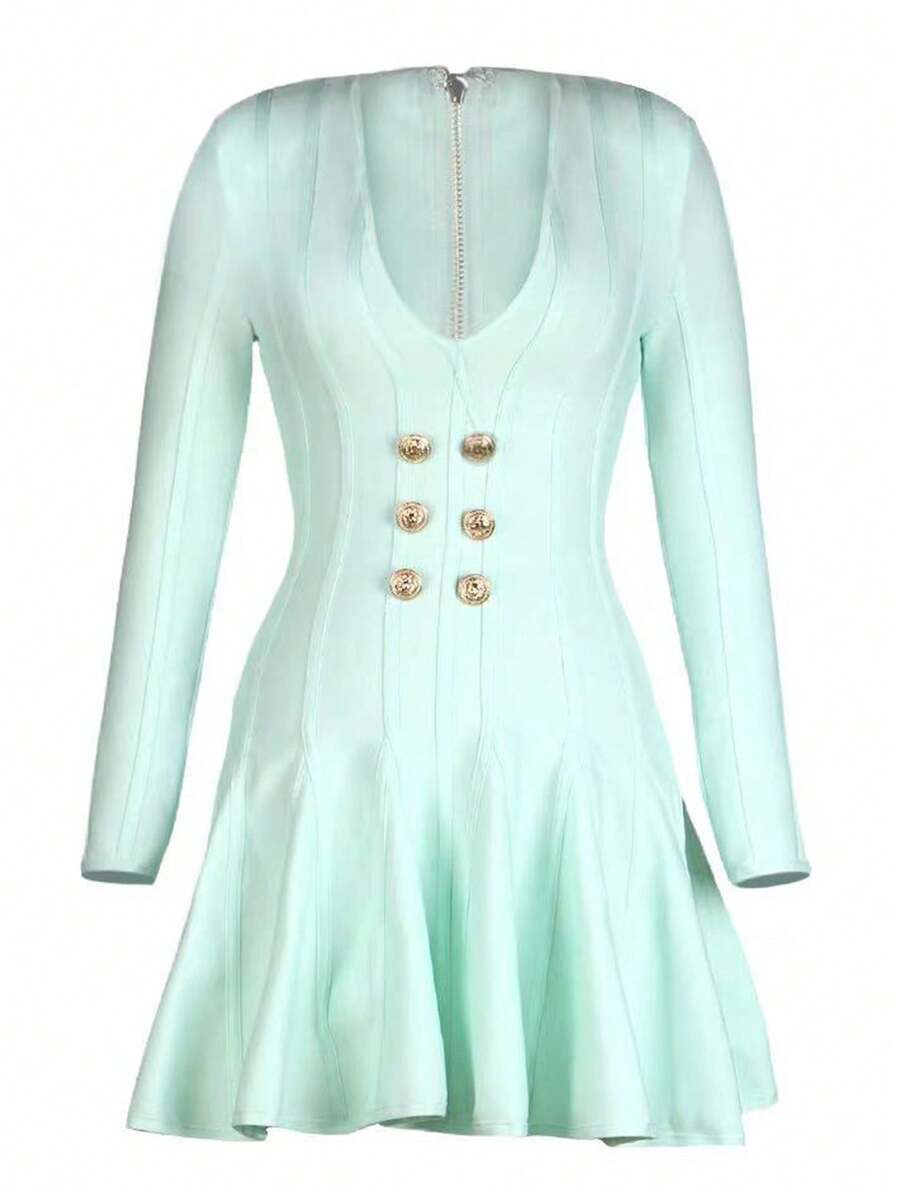 Girsdy Long Sleeve V-Neck Button Detailed Bandage Bodycon Dress - Mint Blue - View 1