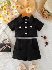 女寶寶夏季休閒街頭風格甜美套裝 - 黑色 - 查看 3