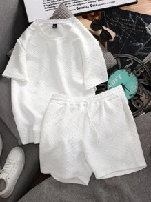 Manfinity Homme Bộ áo thun tay ngắn họa tiết và quần short cho nam, đi chơi - trắng - Xem 2