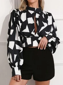 Aveloria Camisa De Manga Larga Hueca Con Estampado Completo Para Mujeres