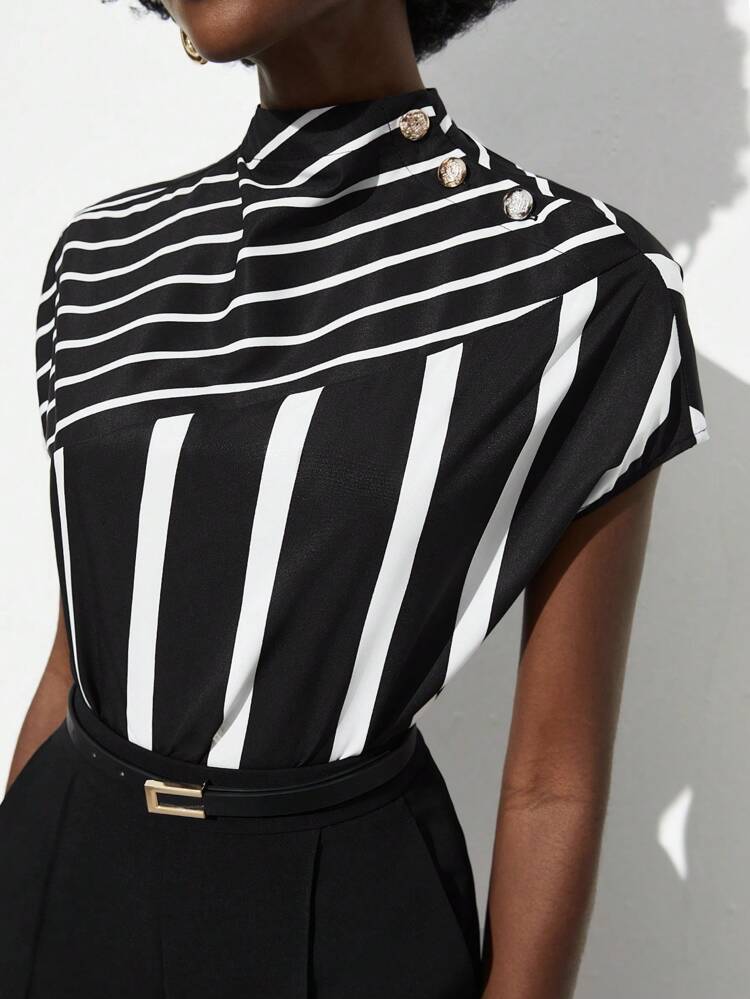 SHEIN Maija 2026 Spring & Summer Women's Striped Stand Collar Blouse, Suitable For Wedding Guest, Host, Date, Party, Concert, Brunch, Airport, Multi-Occasion Women Easter Summer Easter Women Party Top Beach Summer Holiday Beach Vacation Summer Going Out Graduation Casual Blouses For Women Elegant Women's Blouses Casual Blouse For Women Formal Attire For Women Office Wear Women Business