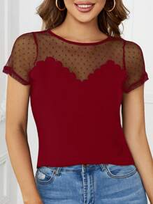 SHEIN Clasi Áo thun lưới tương phản tay ngắn cho nữ - Màu Đỏ Sâu - Xem 1