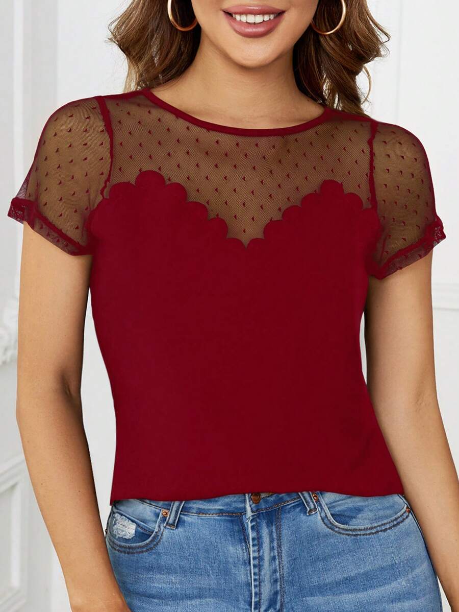 SHEIN Clasi Áo thun lưới tương phản tay ngắn cho nữ - Màu Đỏ Sâu - Xem 1