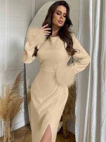 Firerie Vestido Con Dobladillo Con Abertura Y Mangas Patchwork Para Mujer
